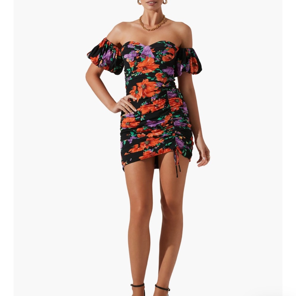 Astr the Label Floral Ruched Off the‎ Shoulder Minidress XS Black Orange Purple